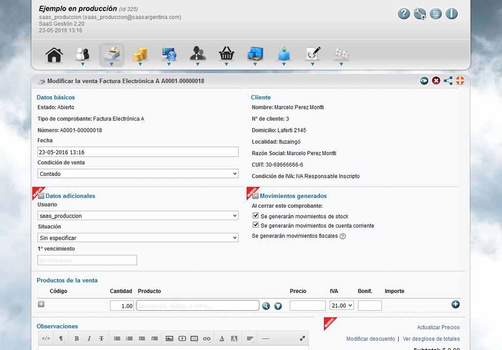 Panel principal SaaS Argentina